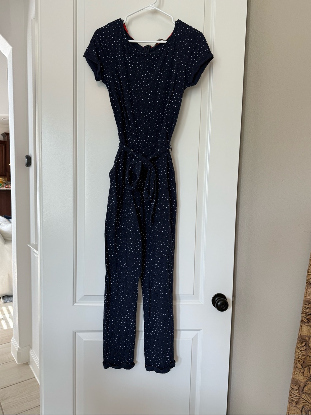 Boden Navy and White Polka Dot Tie-Waist Jumpsuit